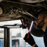 Car undergoing a vehicle safety inspection in an automotive workshop