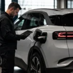 Technician inspecting an electric vehicle while charging
