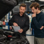 Mechanic discussing a car service with a customer