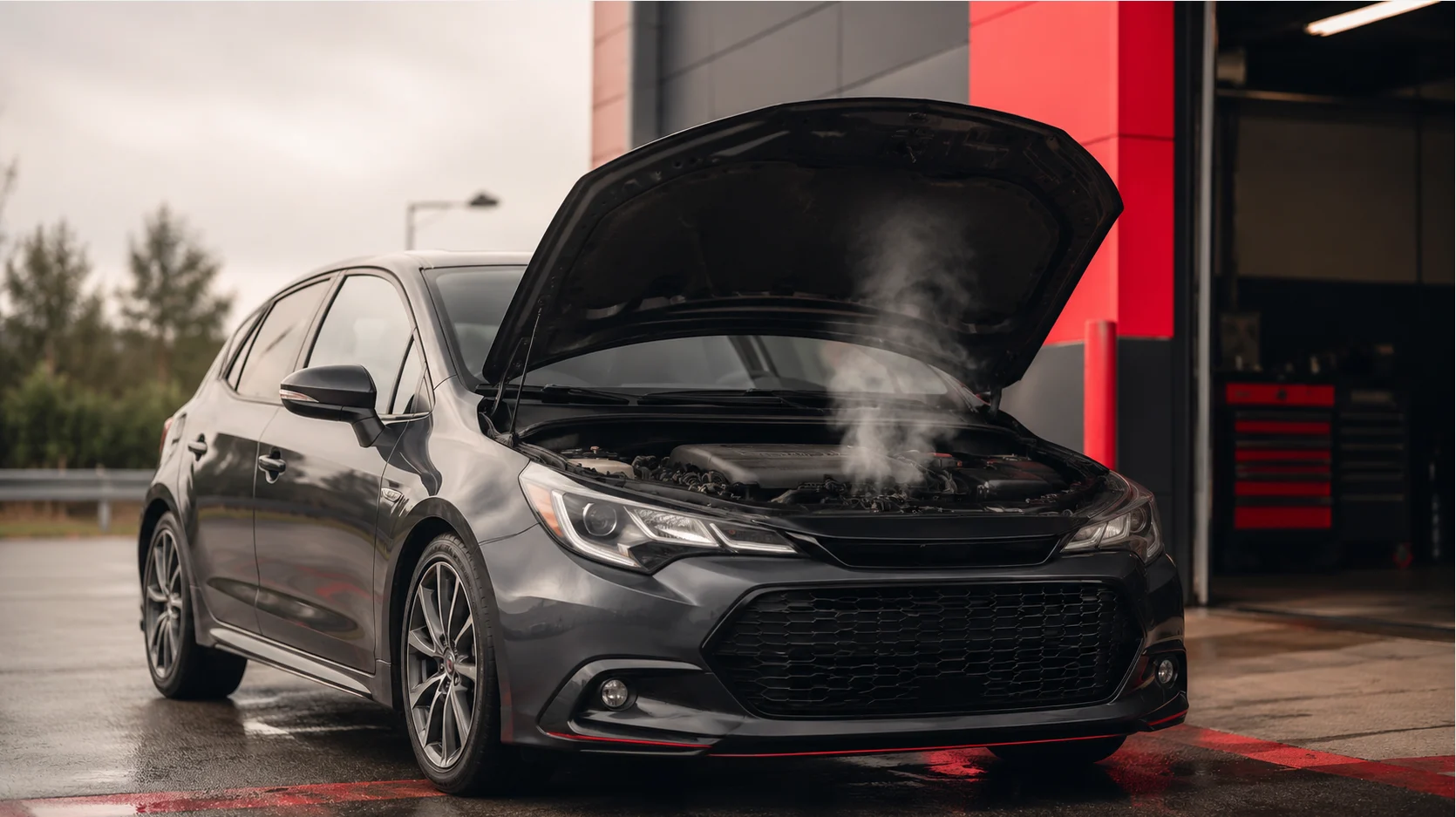 Dark grey car with its bonnet open and light steam rising from the engine bay, indicating a possible burning smell or overheating issue.