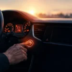 Driver pressing the car start button with dashboard lights on