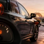 Car refuelling at a petrol station with low fuel warning