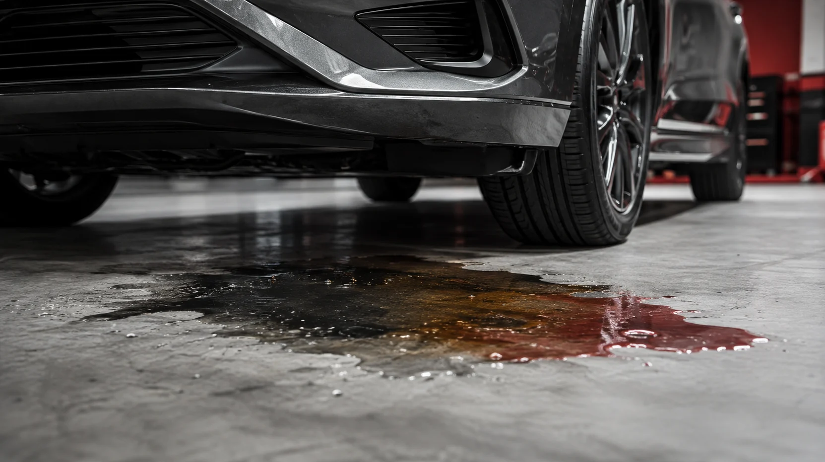 Fluid leaking under a car showing possible oil, coolant or other automotive fluid
