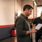 Driver reviewing a mechanic quote on a tablet beside a car in a workshop
