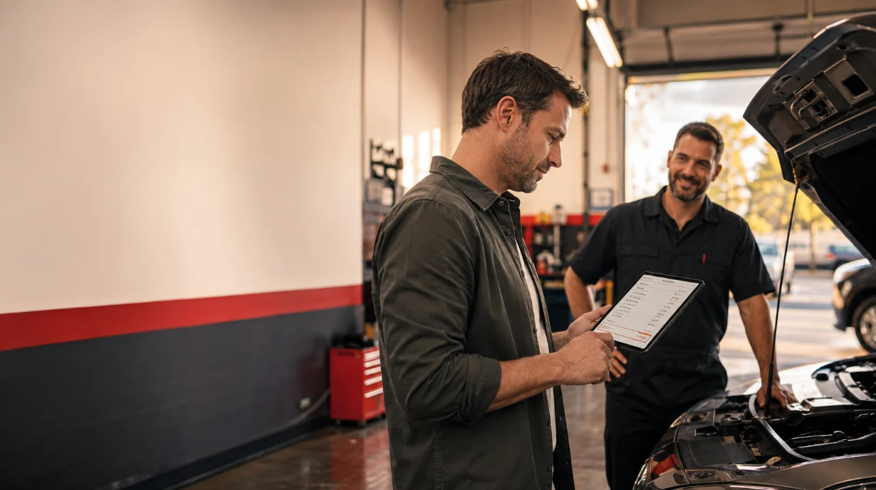 Driver reviewing a mechanic quote on a tablet beside a car in a workshop