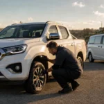 Mechanic inspecting an LDV T60 for rust and corrosion near the Australian coast, with an LDV G10 in the background