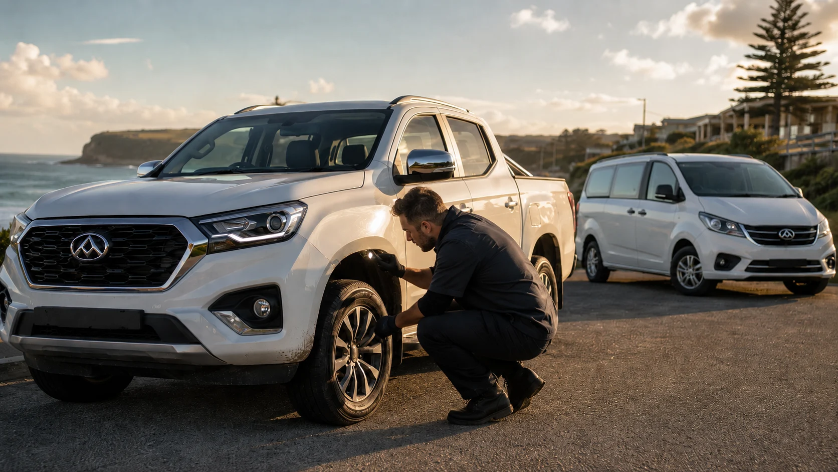 Mechanic inspecting an LDV T60 for rust and corrosion near the Australian coast, with an LDV G10 in the background