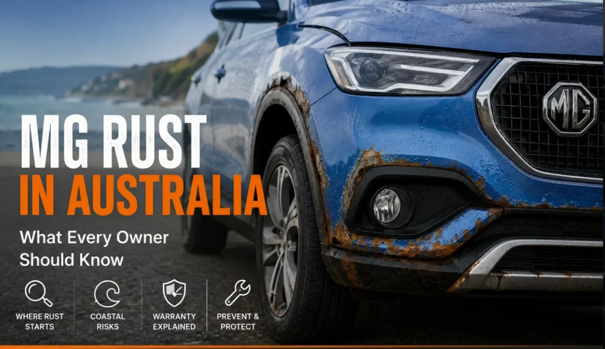 Blue MG SUV with visible rust around the wheel arch and front bumper in Australia
