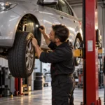 Mechanic inspecting the front wheel arch of a used car on a hoist while a buyer watches.