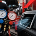 Car air conditioning regas service in Sydney with refrigerant pressure gauges and cold air from a vehicle vent