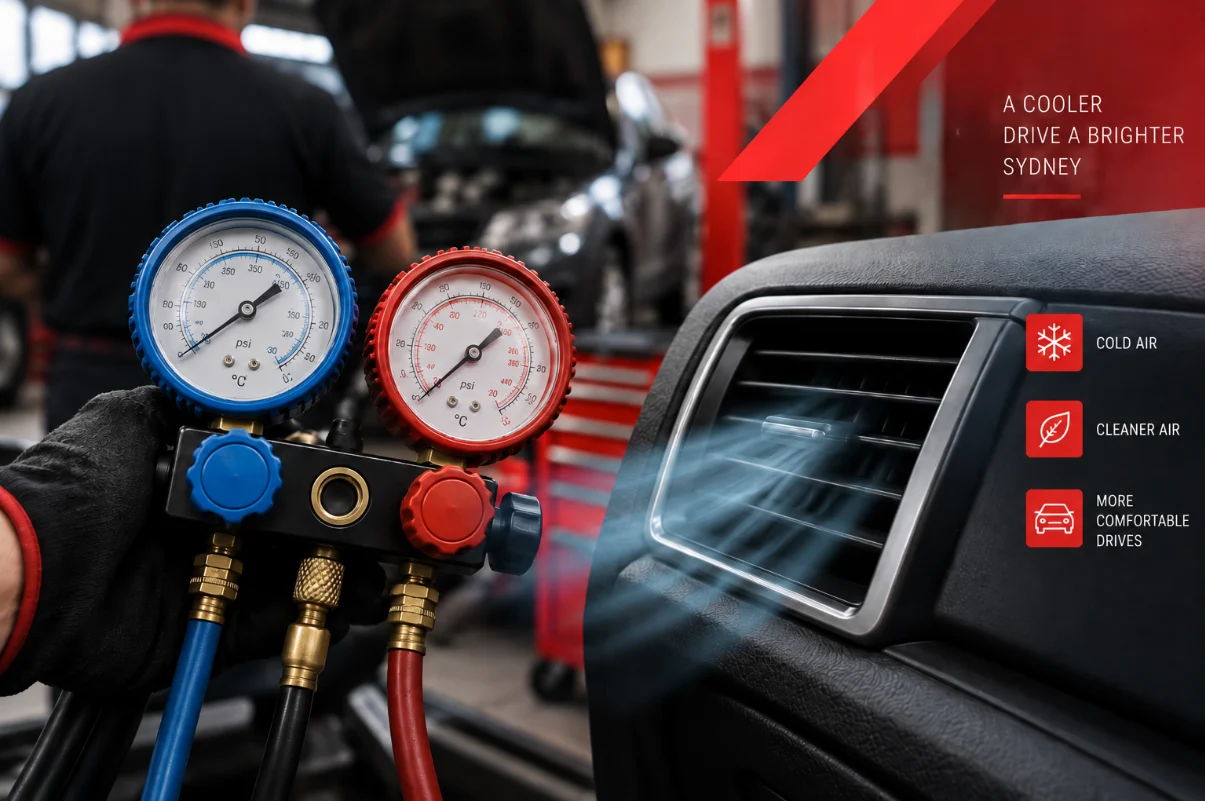 Car air conditioning regas service in Sydney with refrigerant pressure gauges and cold air from a vehicle vent