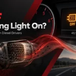 DPF warning light illuminated on a diesel car dashboard beside a diesel particulate filter