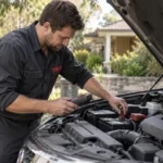Mobile mechanic testing a car battery in a Sydney driveway
