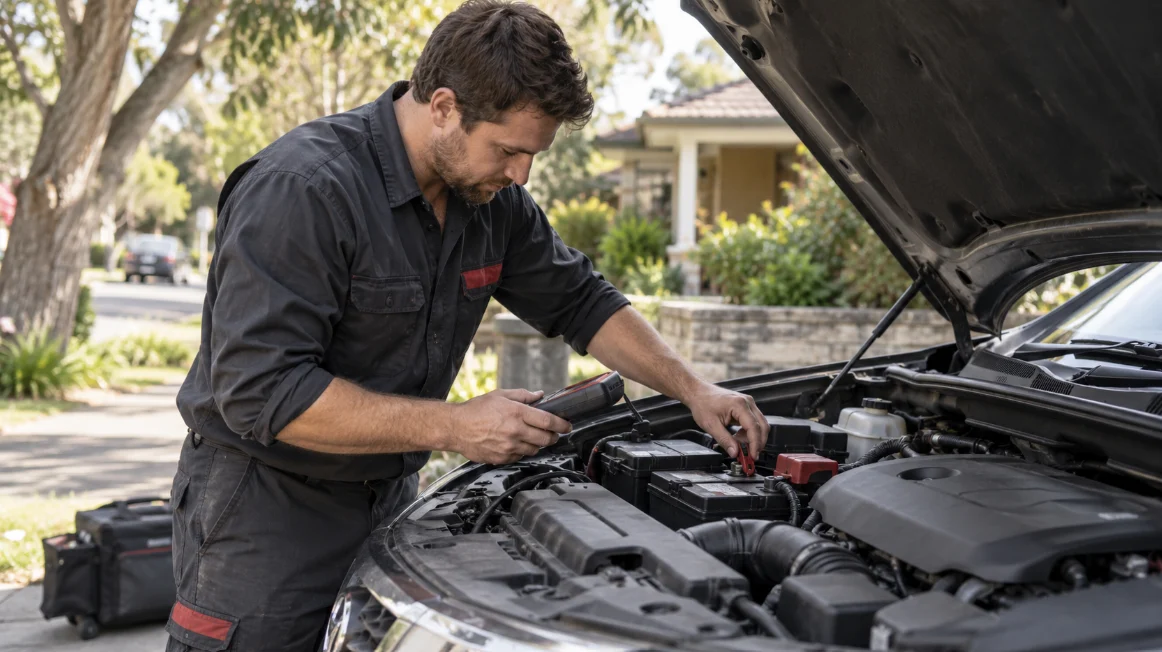 Mobile mechanic testing a car battery in a Sydney driveway