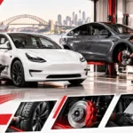 Tesla Model 3 and Model Y undergoing tyre and brake maintenance at a Sydney workshop, with Sydney Harbour Bridge in the background.