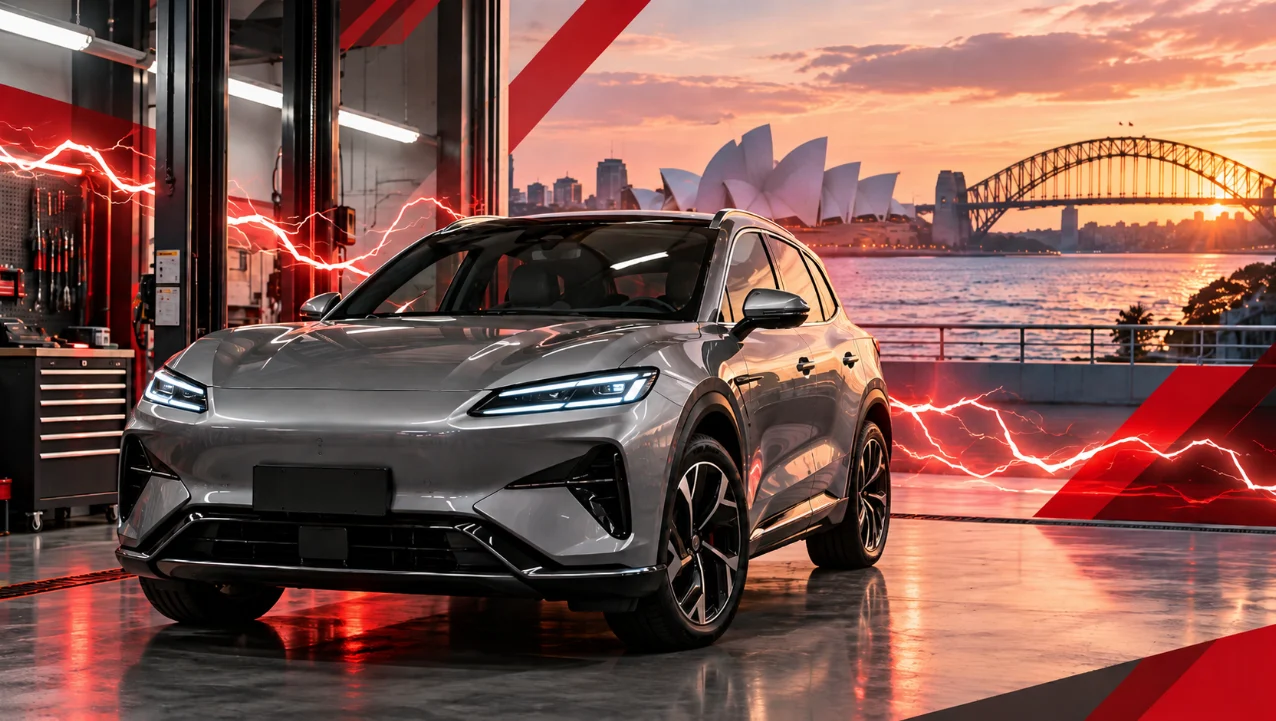 BYD electric car service in Sydney with the Opera House and Harbour Bridge in the background