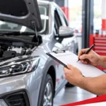 Technician inspecting a silver car in a workshop while completing a vehicle inspection checklist for an NSW blue slip guide.