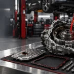 Mechanic servicing an automatic transmission gearbox with fresh transmission fluid, filter and replacement parts in a professional automotive workshop.
