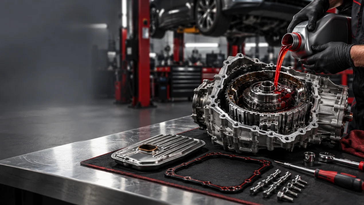 Mechanic servicing an automatic transmission gearbox with fresh transmission fluid, filter and replacement parts in a professional automotive workshop.