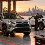 Toyota RAV4 Hybrid and PHEV vehicles in a Sydney workshop, with a mechanic checking diagnostics and a plug-in hybrid charging.