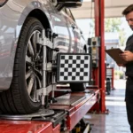 Wheel alignment target attached to a silver car on an alignment rack, with a mechanic reviewing a clipboard.